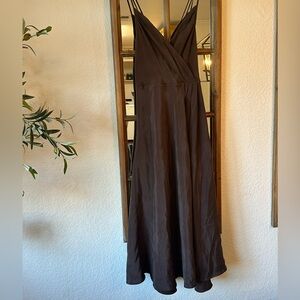 J.Crew 100% Silk Chocolate Brown Midi Dress Size 8 Spaghetti Strap VNeck A-Line